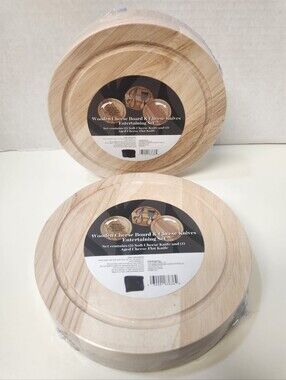 2 New Wood Cheese Boards & Cheese Knives Sets 7" Diam 1.5" Thick